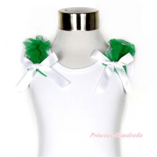 Xmas White Tank Top with Kelly Green Ruffles and White Bow TB534 