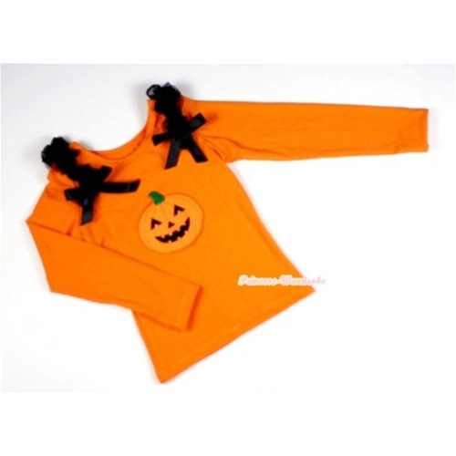 Halloween Pumpkin Print Orange Long Sleeves Top with Black Ruffles & Black Bow TO102 