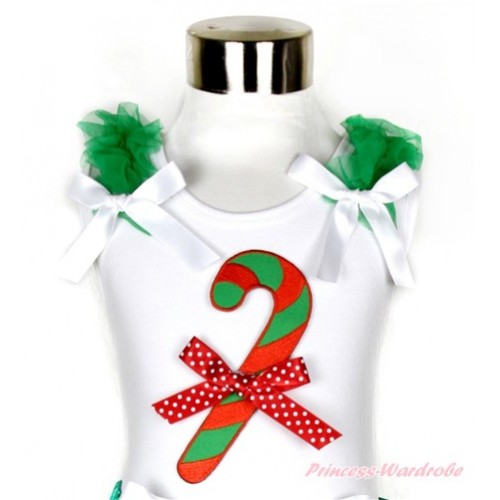Xmas White Tank Top With Christmas Stick Print & Minnie Dots Bow With Kelly Green Ruffles & White Bow TB539 