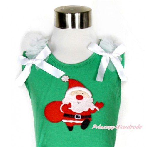 Xmas Kelly Green Tank Top With Gift Bag Santa Claus Print With White Ruffles & White Bow TM236 