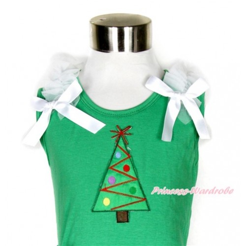 Xmas Kelly Green Tank Top With Christmas Tree Print With White Ruffles & White Bow TM238 