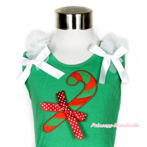 Xmas Kelly Green Tank Top With Christmas Stick Print & Minnie Dots Bow With White Ruffles & White Bow TM240 