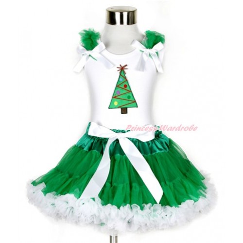 Xmas White Tank Top with Christmas Tree Print with Kelly Green Ruffles & White Bow & Kelly Green White Pettiskirt MG811 