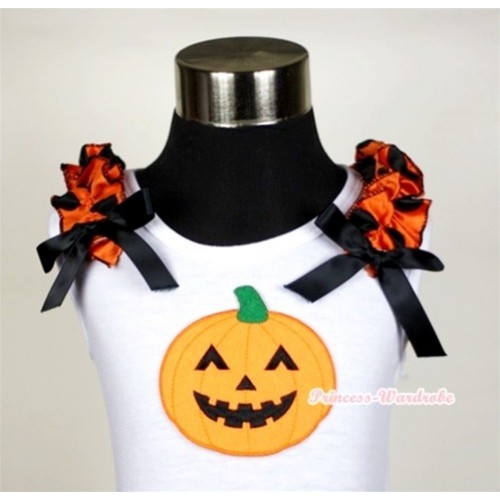 Halloween Pumpkin Print White Tank Top with Orange Black Polka Dots Ruffles and Black Bows TB185 