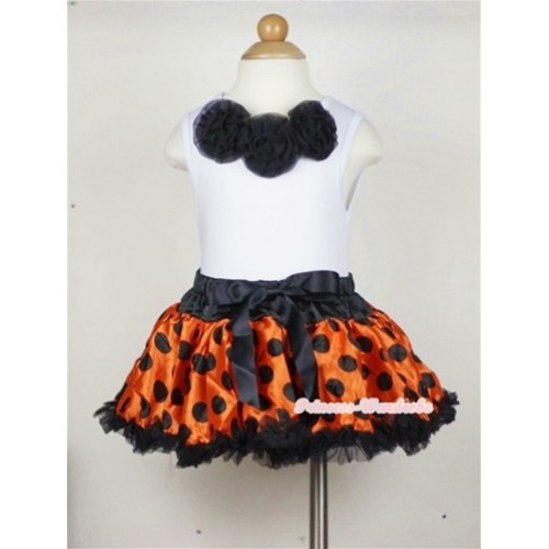 White Baby Pettitop with Black Rosettes with Orange Black Polka Dots Newborn Pettiskirt NG1010 