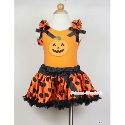 Orange Baby Pettitop with Halloween Pumpkin Print with Orange Black Polka Dots Ruffles & Black Bows & Orange Black Polka Dots Newborn Pettiskirt  NO05 