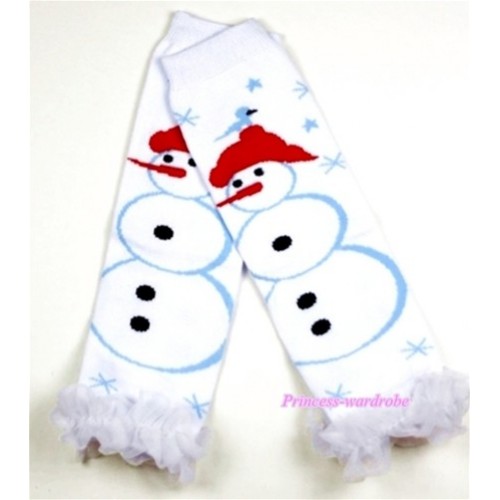 Newborn Baby White Snowman Leg Warmers Leggings with White Ruffles LG178 