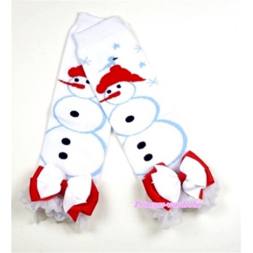 Newborn Baby White Snowman Leg Warmers Leggings with White Ruffles and bow LG179 