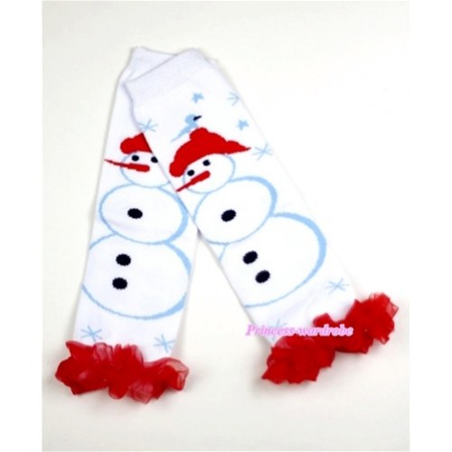 Newborn Baby White Snowman Leg Warmers Leggings with Red Ruffles LG180 