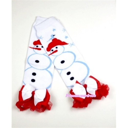 Newborn Baby White Snowman Leg Warmers Leggings with Red Ruffles and Bow LG181 