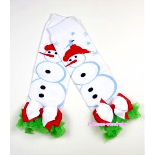 Newborn Baby White Snowman Leg Warmers Leggings with Green Ruffles and bow LG183 