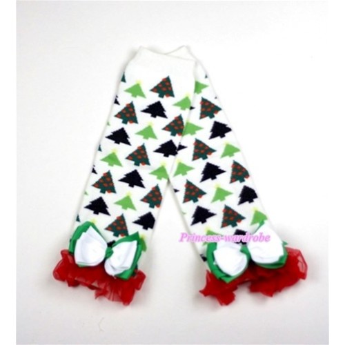Newborn Baby White Christmas Tree Leg Warmers Leggings with Red Ruffles and bow LG188 