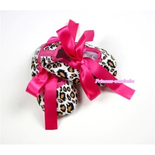 Leopard with Hot Pink Ribbon Crib Shoes S135 