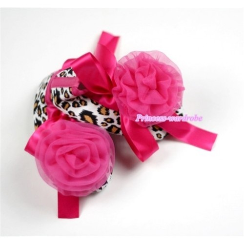 Leopard with Hot Pink Ribbon Crib Shoes with Hot Pink Rosettes S136 