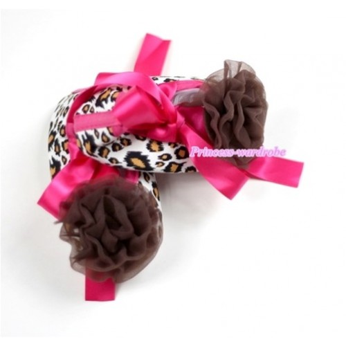 Leopard with Hot Pink Ribbon Crib Shoes with Brown Rosettes S138 