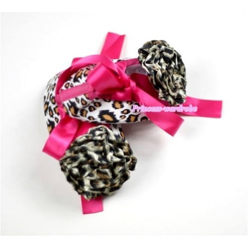 Leopard with Hot Pink Ribbon Crib Shoes with Leopard Rosettes S139 