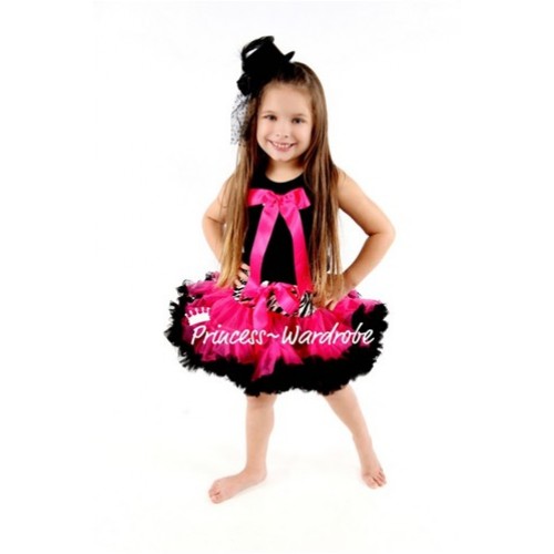 Black Pettitop with Cute Hot Pink Big Bow with Zebra Hot Pink Mix Pettiskirt TM116 