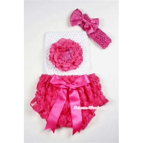 Hot Pink Rose Panties Bloomers with Hot Pink Peony White Crochet Tube Top and Hot Pink Bow Hot Pink Headband 3PC Set CT466 