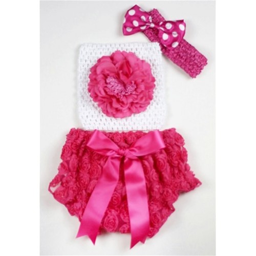 Hot Pink Rose Panties Bloomers with Hot Pink Peony White Crochet Tube Top and Hot Pink White Polka Dots Bow Hot Pink Headband 3PC Set CT467 