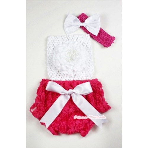 Hot Pink Rose Panties Bloomers with White Peony White Crochet Tube Top and White Bow Hot Pink Headband 3PC Set CT468 