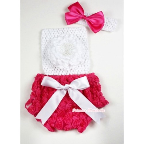 Hot Pink Rose Panties Bloomers with White Peony White Crochet Tube Top and Hot Pink Bow White Headband 3PC Set CT469 