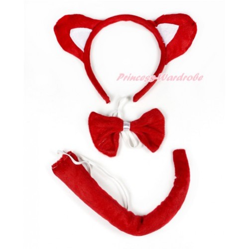 Red Cat 3 Piece Set in Ear Headband, Tie, Tail PC064 