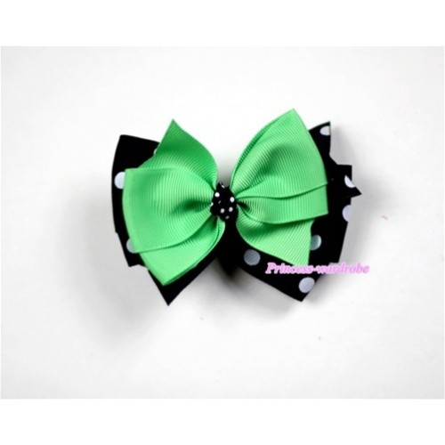 Green & Black White Polka Dots Ribbon Bow Hair Clip H446 