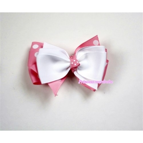 White & Light Pink White Polka Dots Ribbon Bow Hair Clip H447 