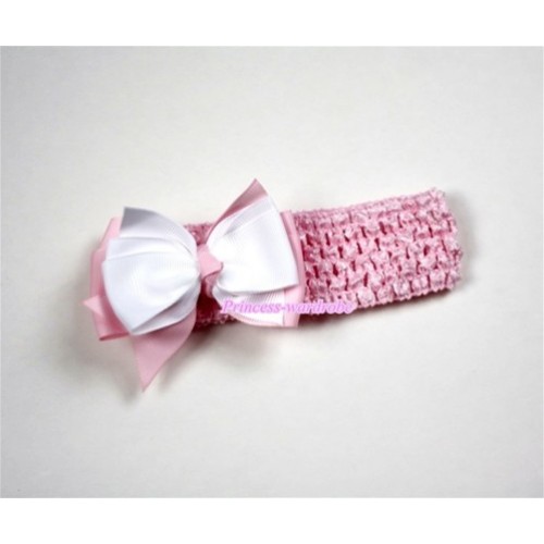Light Pink Headband with White & Light Pink Ribbon Hair Bow Clip H457 