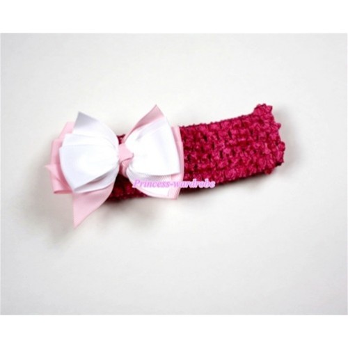 Hot Pink Headband with White & Light Pink Ribbon Hair Bow Clip H459 