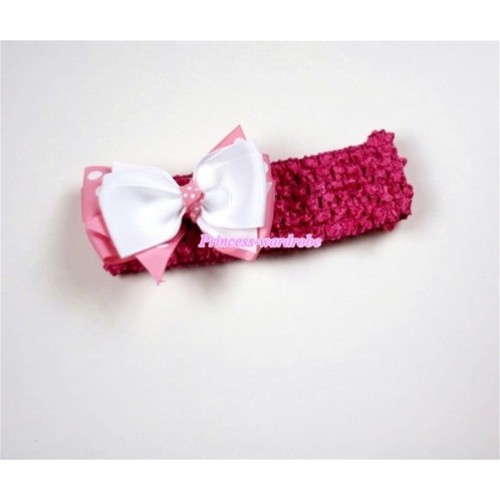 Hot Pink Headband with White & Light Pink White Polka Dots Ribbon Hair Bow Clip H460 