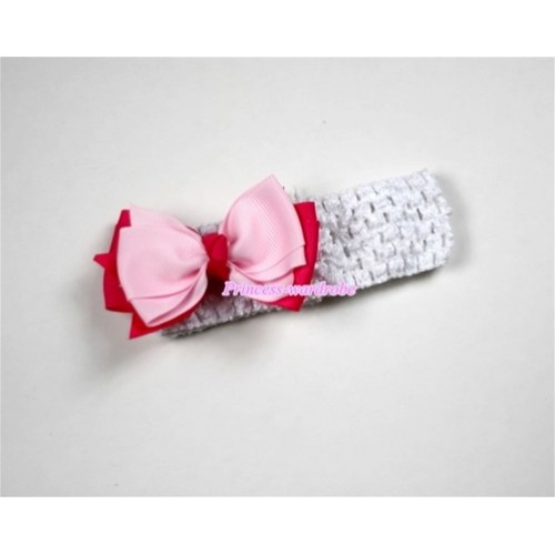 White Headband with Hot Pink & Light Pink Ribbon Hair Bow Clip H466 