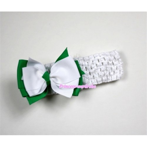 White Headband with Green & White Ribbon Hair Bow Clip H468 