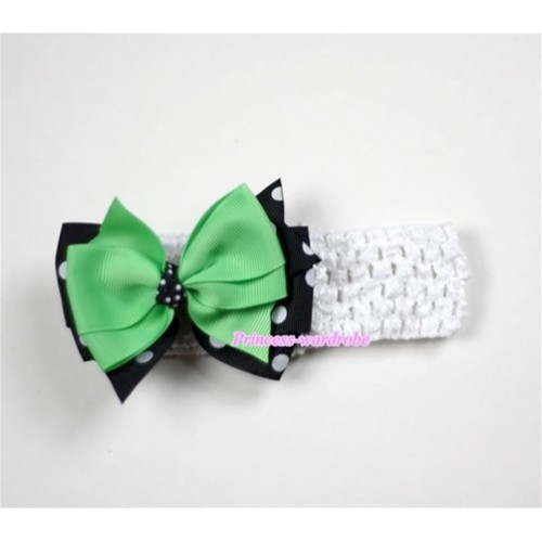 White Headband with Black White Polka Dots & Green Ribbon Hair Bow Clip H472 