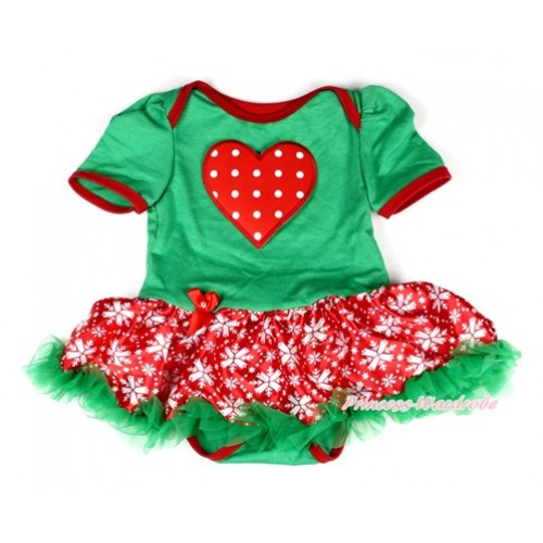 Xmas Kelly Green Baby Bodysuit Jumpsuit Red Snowflakes Pettiskirt with Red White Dots Heart Print JS1986 