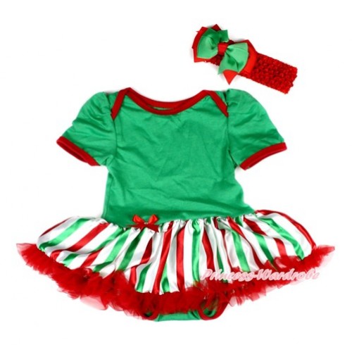 Xmas Kelly Green Baby Bodysuit Jumpsuit Red White Green Striped Pettiskirt With Red Headband Green Red Ribbon Bow JS2015 