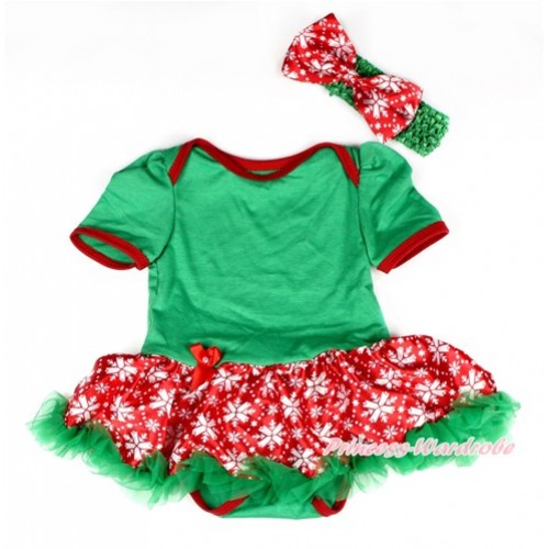 Xmas Kelly Green Baby Bodysuit Jumpsuit Red Snowflakes Pettiskirt With Kelly Green Headband Red Snowflakes Satin Bow JS2016 