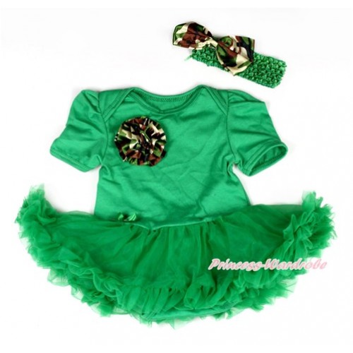 Kelly Green Baby Jumpsuit Kelly Green Pettiskirt With One Camouflage Rose With Kelly Green Headband Camouflage Satin Bow JS2018 