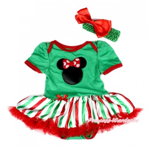 Kelly Green Baby Bodysuit Jumpsuit Red White Green Striped Pettiskirt With Minnie Print With Kelly Green Headband Red Silk Bow JS2030 