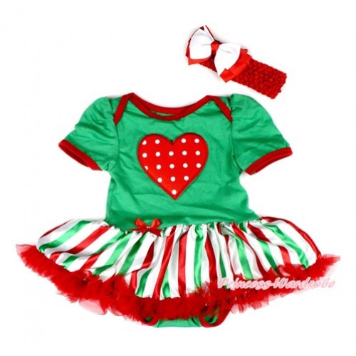 Xmas Kelly Green Baby Bodysuit Jumpsuit Red White Green Striped Pettiskirt With Red White Dots Heart Print With Red Headband White Red Ribbon Bow JS2036 