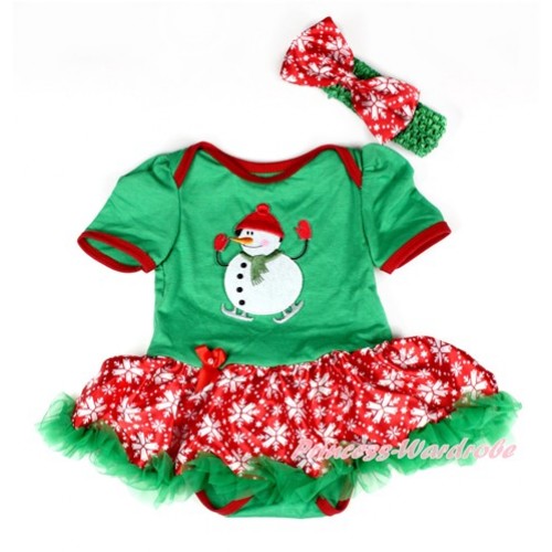 Xmas Kelly Green Baby Bodysuit Jumpsuit Red Snowflakes Pettiskirt With Ice-Skating Snowman Print With Kelly Green Headband Red Snowflakes Satin Bow JS2041 