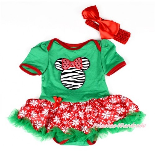 Kelly Green Baby Bodysuit Jumpsuit Red Snowflakes Pettiskirt With Sparkle Red Zebra Minnie Print With Red Headband Red Silk Bow JS2047 