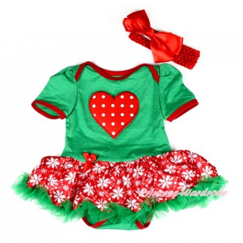 Kelly Green Baby Bodysuit Jumpsuit Red Snowflakes Pettiskirt With Red White Dots Heart Print With Red Headband Red Silk Bow JS2052 