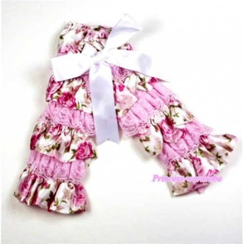 Baby Light Pink &Rosettes Fusion Print Lace Leg Warmers Leggings with White Ribbon  LG205 