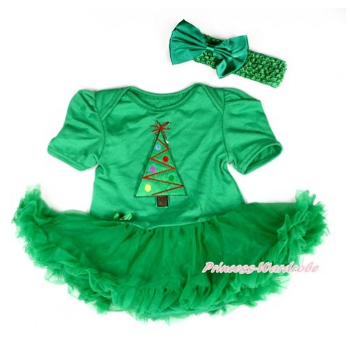 Xmas Kelly Green Baby Bodysuit Jumpsuit Kelly Green Pettiskirt With Christmas Tree Print With Kelly Green Headband Kelly Green Satin Bow JS2057 