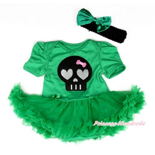 Halloween Kelly Green Baby Bodysuit Jumpsuit Kelly Green Pettiskirt With Balck Skeleton Print With Black Headband Kelly Green Satin Bow JS2067 