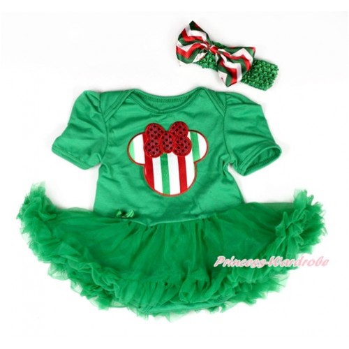 Xmas Kelly Green Baby Bodysuit Jumpsuit Kelly Green Pettiskirt With Red White Green Striped Minnie Print With Kelly Green Headband Red White Green Wave Satin Satin Bow JS2069 