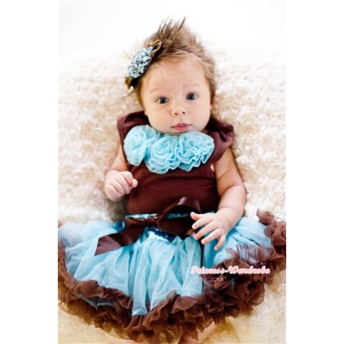 Brown Baby Pettitop & Light Blue Rosettes with Light Blue Brown Mixed Baby Pettiskirt NG1015 
