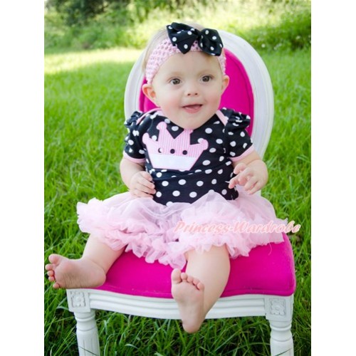 Black White Dots Baby Bodysuit Jumpsuit Light Pink Pettiskirt With Crown Print With Light Pink Headband Black White Dots Ribbon Bow JS1827 