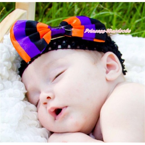 Halloween Black Headband With Black Purple Orange Striped Satin Bow Hair Clip H756 